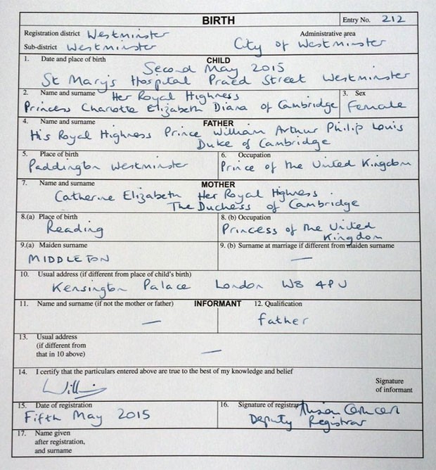 Certidão de nascimento da princesa Charlotte Elizabeth Diana (Foto: Reprodução/Twitter/Kensington Palace)