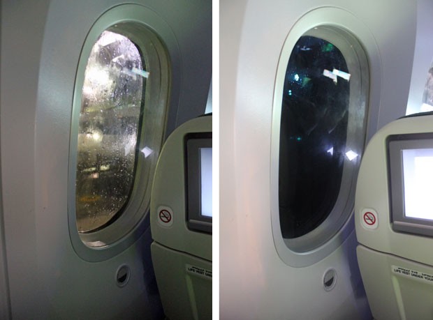 As janelas do novo Dreamliner têm um sistema eletrônico para regular a luminosidade que vem do exterior (Foto: Dennis Barbosa/G1)