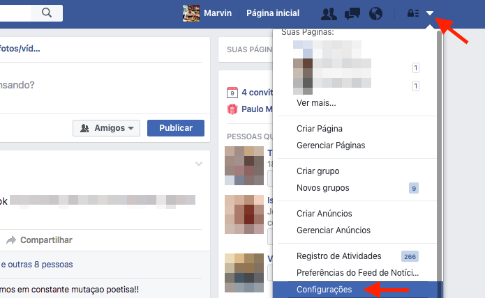Acesso as configurações do Facebook (Foto: Reprodução/Marvin Costa)