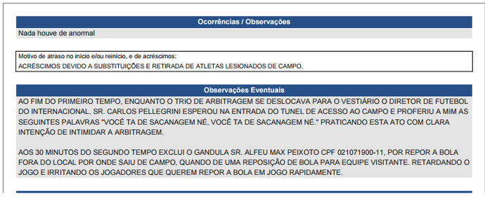 Súmula Árbitro Wagner Reway Carlos Pellegrini Inter Internacional Palmeiras  (Foto: Reprodução)