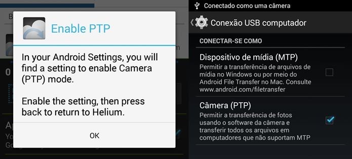 Em alguns aparelhos é preciso mudar a conectividade USB para Câmera PTP (Foto: Reprodução / Dario Coutinho)