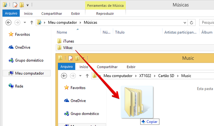 Copiando músicas do computador para o celular (Foto: Reprodução/Helito Bijora) Copiando músicas do computador para o celular (Foto: Reprodução/Helito Bijora)