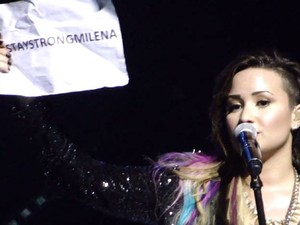 Demi Lovato segura cartaz com a frase #staystrongmilena em show no Citibank Hall, em São Paulo, na noite de 22 de abril (Foto: Arquivo Pessoal/Carolina Moraes)
