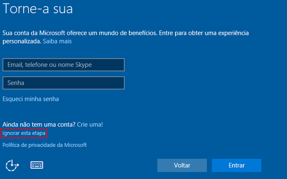 Ignorando a etapa que pede uma conta Microsoft para usar o Windows (Foto: Edivaldo Brito/TechTudo)