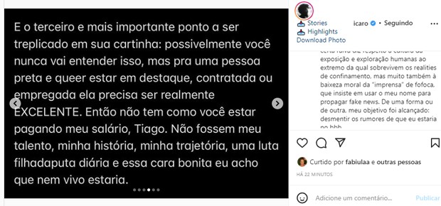 Publicações de Ícaro Silva sobre Tiago Leifert e BBB (Foto: Reprodução/Instagram)