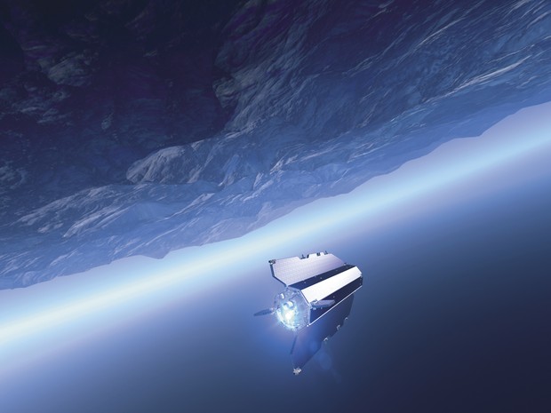 Ilustração da Agência Espacial Europeia, a ESA, mostra o satélite Goce, usado para monitorar os oceanos (Foto: Divulgação/ESA/AOES Medialab)