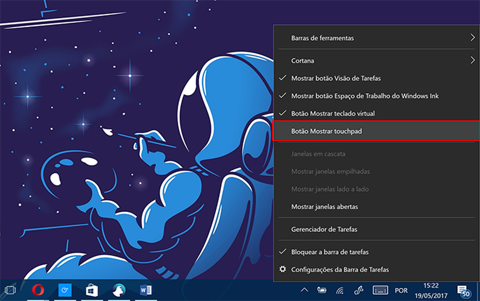 Touchpad virtual do Windows 10 pode ser ativado na barra de tarefas (Foto: Reprodução/Elson de Souza)