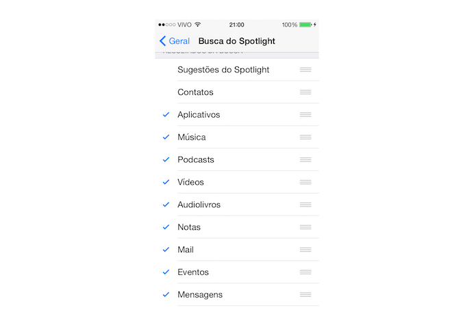 Definindo quais itens farão parte da busca do Spotlight no iOS (Foto: Reprodução/Marvin Costa)