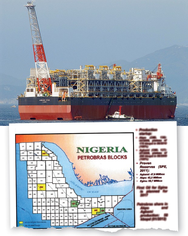 LUCRO Navio-plataforma no campo de Agbami, na Nigéria, e documento da Petrobras quantificando as reservas no local. Finalmente um negócio que deu retorno à Petrobras e a seu sócio, o banco BTG (Foto: divulgação)