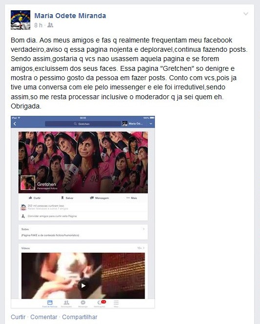 Gretchen comenta página fake com seu nome no Facebook (Foto: Facebook / Reprodução) Gretchen comenta página fake com seu nome no Facebook (Foto: Facebook / Reprodução)