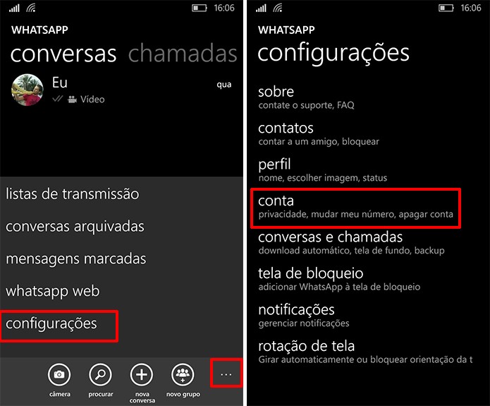 Usuário deve acessar configurações de conta para ativar verificação em duas etapas no WhatsApp (Foto: Reprodução/Elson de Souza)