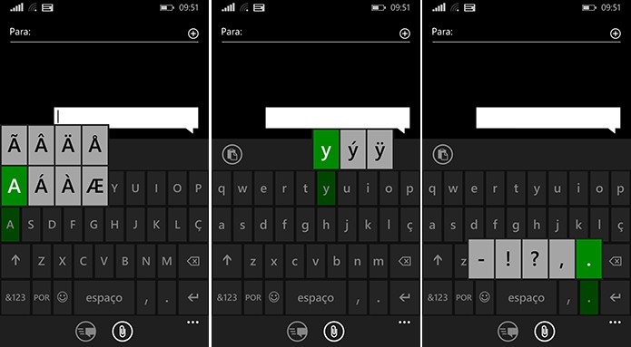 Teclado do Windows Phone traz acentos e caracteres especiais escondidos sob letras do teclado (Foto: Reprodução/Elson de Souza)