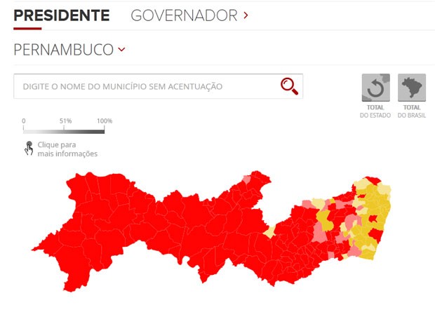 Mapa mostra votação para presidente em Pernambuco (Foto: Reprodução/G1)