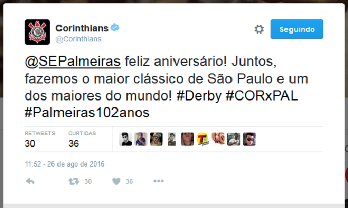 Corinthians parabeniza Palmeiras no Twitter (Foto: Reprodução)