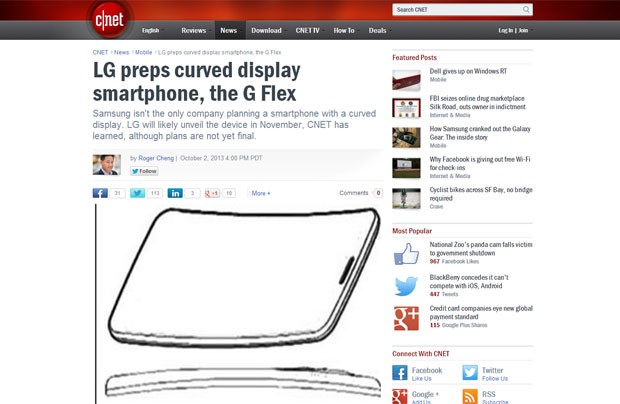 Site 'Cnet' publicou um rascunho de como seria um celular com tela curva da LG (Foto: Reprodução/Cnet)