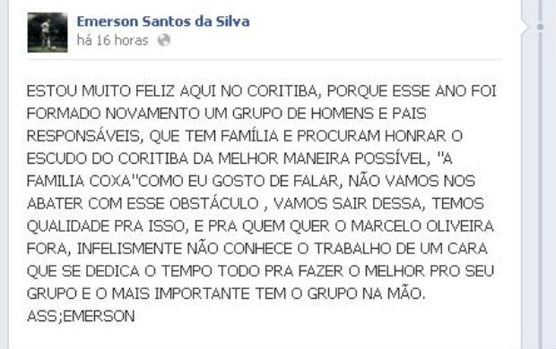 Emerson defende a permanência do técnico Marcelo Oliveira no Coritiba (Foto: Reprodução / Facebook)