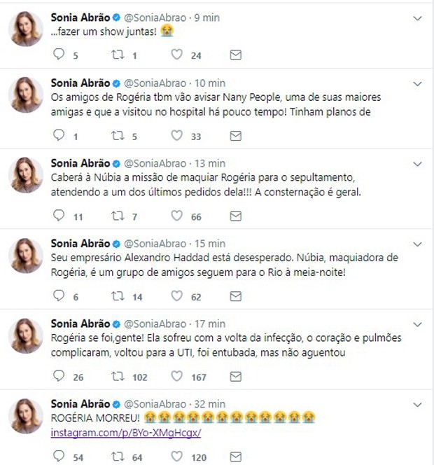 Sônia Abrão confirma morte de Rogéria (Foto: Reprodução/Twitter)