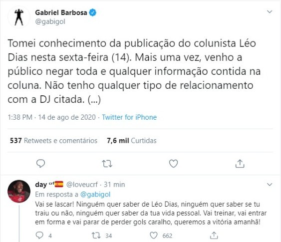Gabigol negou romance com DJ e se justificou com a torcida do Flamengo (Foto: Reprodução/Twitter) Gabigol negou romance com DJ e se justificou com a torcida do Flamengo (Foto: Reprodução/Twitter)
