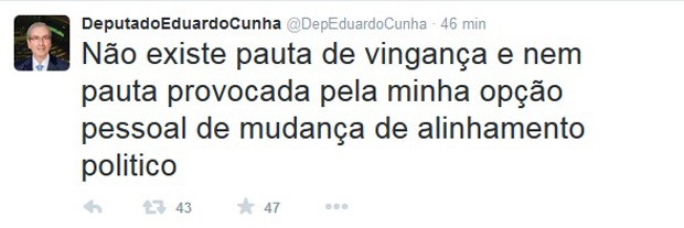 Após romper com o governo, Cunha afirma no Twitter que não vai impor pauta de vingança (Foto: Reprodução / Twitter)