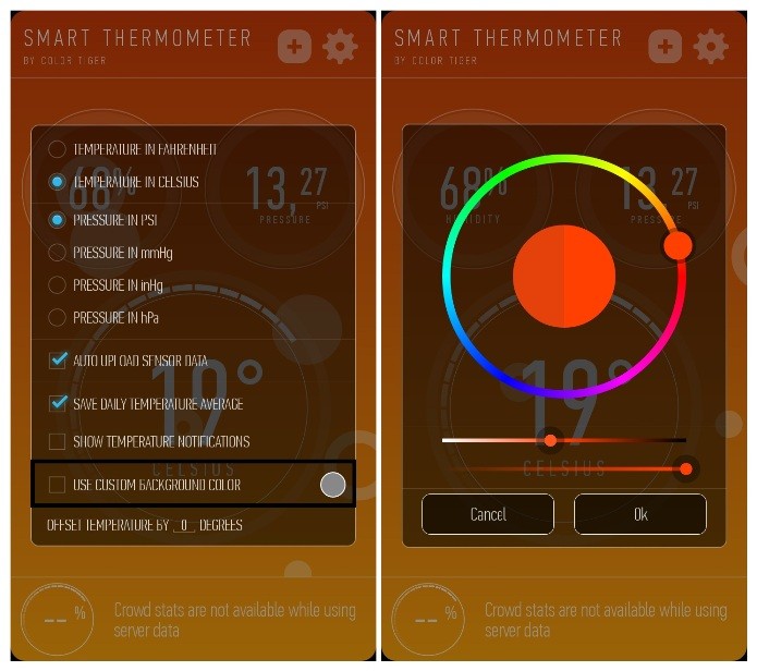 O Smart Thermometer permite que o usuário personalize a cor de fundo (Foto: Reprodução/Lívia Dâmaso)