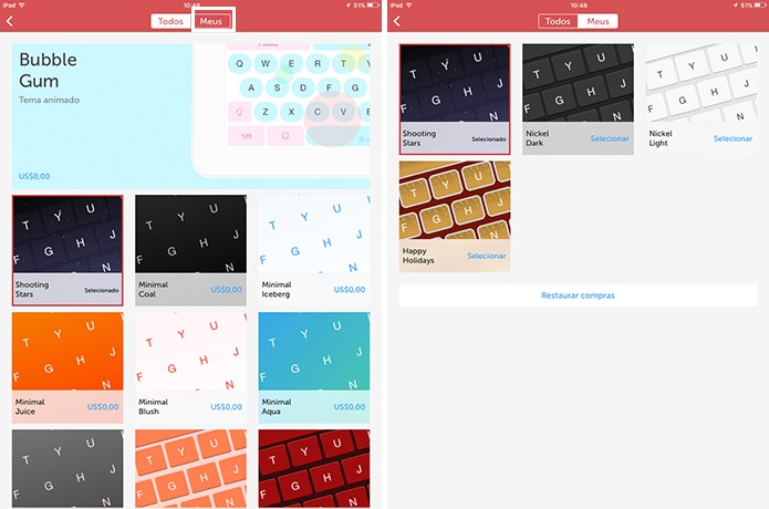 SwifKey para iOS reúne temas baixados na guia Meus (Foto: Reprodução/Elson de Souza)