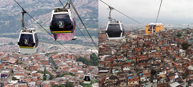 Teleféricos de Medelín (esquerda) e do Complexo do Alemão, no Rio (Foto: AFP/luiza reis/governo do rio)