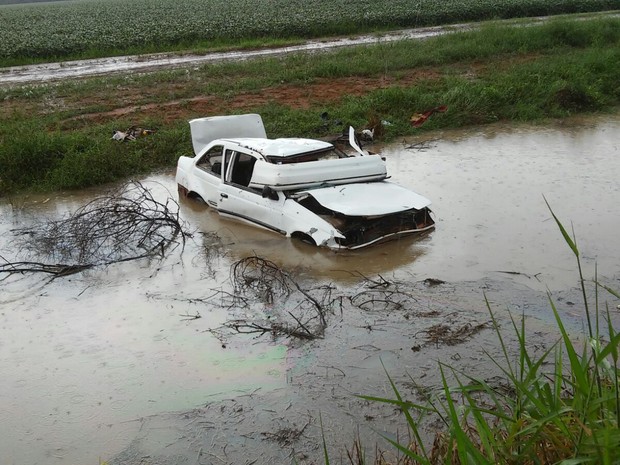 Após sair da pista, carro com sete pessoas caiu em vala com água (Foto: Eliezer Gouveia/ Extra de Rondônia) Após sair da pista, carro com sete pessoas caiu em vala com água (Foto: Eliezer Gouveia/ Extra de Rondônia)