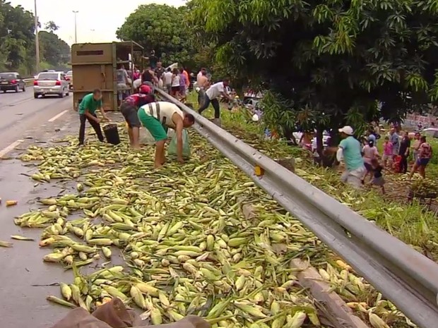 Carga de milho é saqueada por moradores após acidente na BR-153, em Goiânia, Goiás (Foto: Reprodução/TV Anhanguera) Carga de milho é saqueada por moradores após acidente na BR-153, em Goiânia, Goiás (Foto: Reprodução/TV Anhanguera)