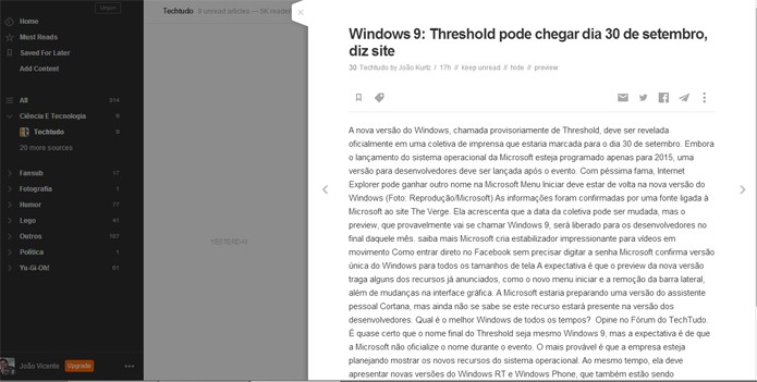 Nova função do Feedly abre feeds em abas laterais (foto: Reprodução/Feedly)