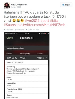 Apostador da Suécia comemora mordida de Suárez (Foto: Reprodução)