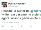 Sabrina Sato e Duda Nagle anunciam 'noivado' de contas no Twiter 