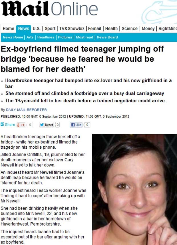 Joanne Griffiths, 19, se matou após ver ex-namorado com a nova parceira (Foto: Reprodução)