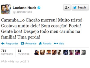 Luciano Huck também lamentou a morte de chorão em seu perfil no Twitter (Foto: Reprodução)