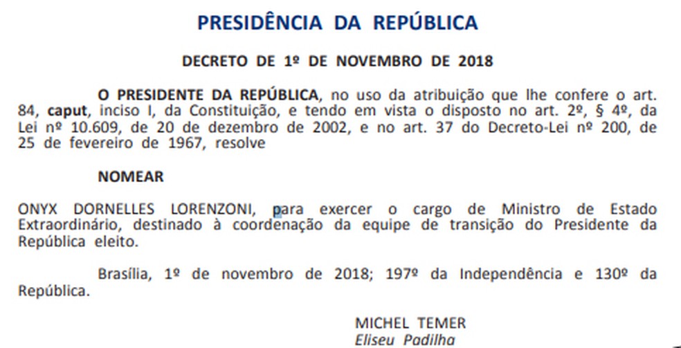 Nomeação de Onyx Lorenzoni publicada no Diário Oficial — Foto: Reprodução/Diário Oficial da União