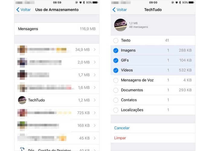WhatsApp para iPhone permite apagar mídias de conversas específicas (Foto: Reprodução/Helito Bijora)