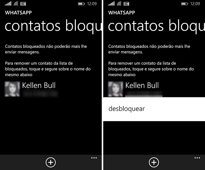 Contatos incômodos na lista de bloqueados no WhatsApp para Windows Phone, mas é possível desfazer a operação (Foto: Reprodução/Elson de Souza)