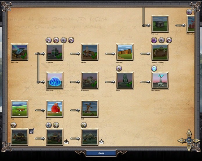 O painel com a linha de progresso das construções permite que o jogador visualize os requisitos de cada edifício (Foto: Reprodução/Daniel Ribeiro)