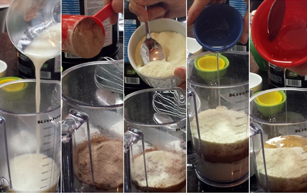Ingredientes necessários: leite desnatado, whey protein, leite em pó, agave e leite coco (Foto: Júlia Groppo ) Ingredientes necessários: leite desnatado, whey protein, leite em pó, agave e leite coco (Foto: Júlia Groppo )