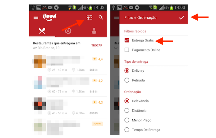 Ativando o filtro de entrega grátis no iFood para Android (Foto: Reprodução/Marvin Costa)