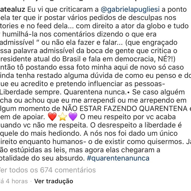 Kat Torres se pronuncia contra a quarentena e sai em defesa de Gabriela Pugliesi (Foto: Reprodução/Instagram)