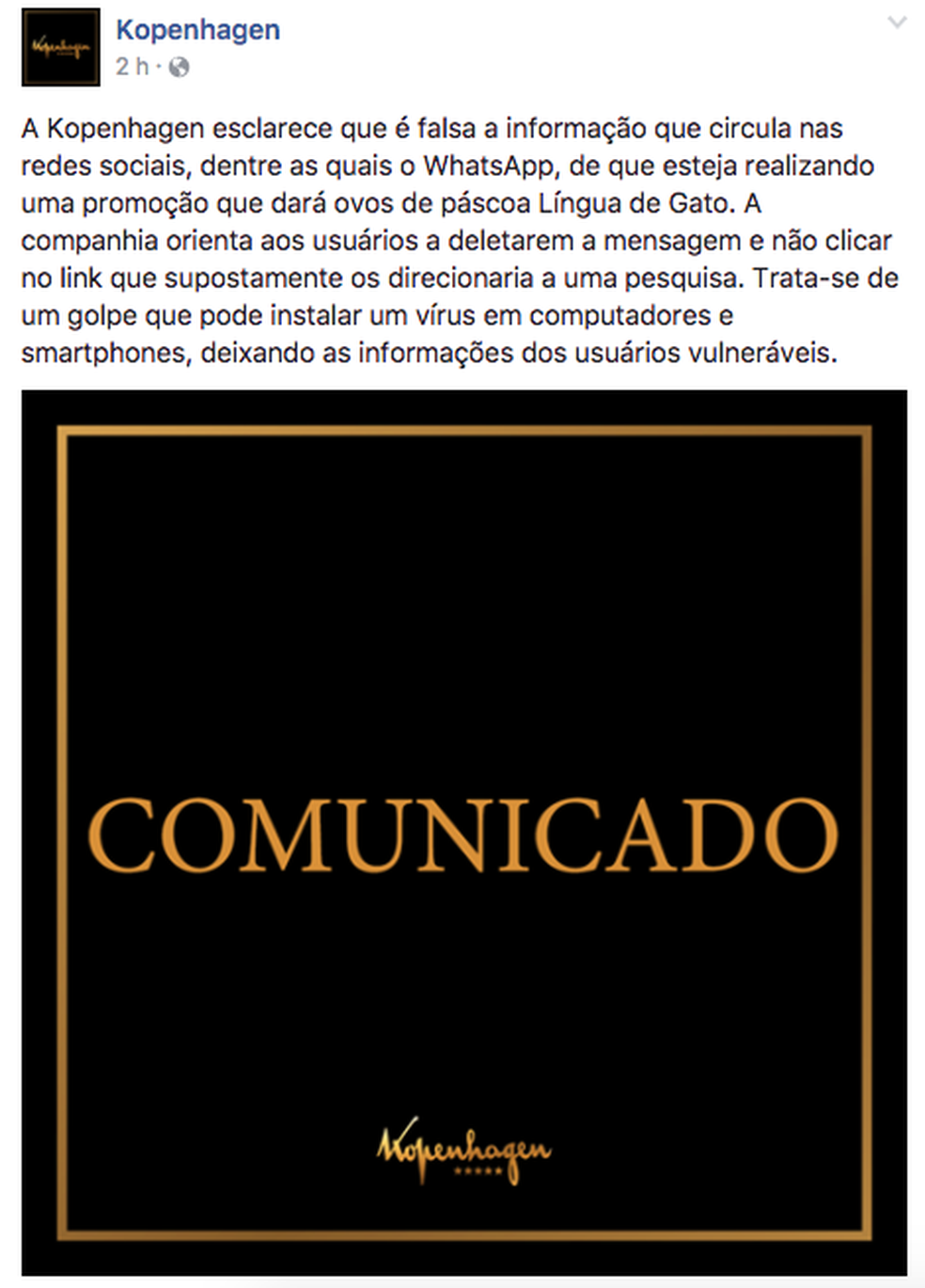 Postagem da Kopenhagen no Facebook (Foto: Reprodução)