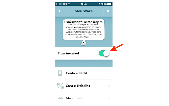 Ativando o modo invisível do Waze no iPhone (Foto: Reprodução/Marvin Costa) Ativando o modo invisível do Waze no iPhone (Foto: Reprodução/Marvin Costa)