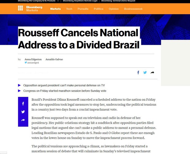 Reportagem da Blomberg fala sobre um "Brasil dividido". (Foto: Reprodução/Bloomberg)