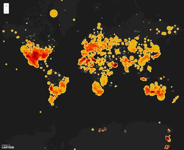 Mapa mostra áreas onde já caíram mais meteoritos no mundo (Foto: Reprodução/CartoDB)