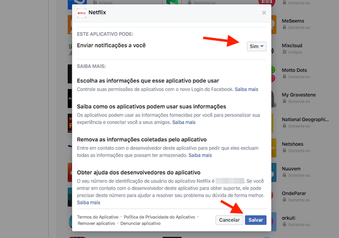 Opção para salvar alterações realizadas nas permissões para aplicativos do Facebook (Foto: Reprodução/Marvin Costa)