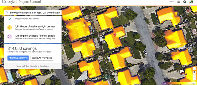 Programa do Google ajuda a identificar incidência solar nos telhados de cada residência (Foto: Reprodução Google)