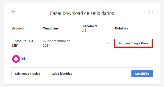 Arquivos do Takeout podem ser exportados diretamente para o Google Drive (foto: Reprodução/Google Takeout)