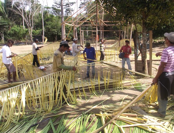 Mutirão comunitário para construir uma casa na Reserva Extrativista Guariba-Roosevelt, em Mato Grosso (Foto: Emerson de Jesus/Pacto das Águas)