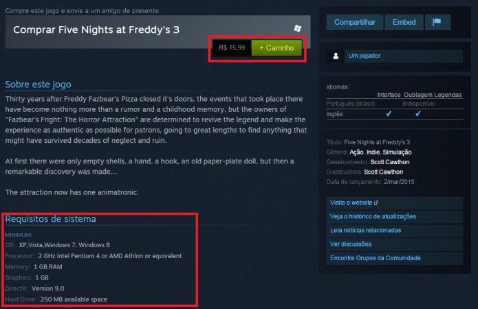 Five Nights at Freddys 3 é barato e roda em praticamente qualquer computador (Foto: Reprodução/Paulo Vasconcellos)