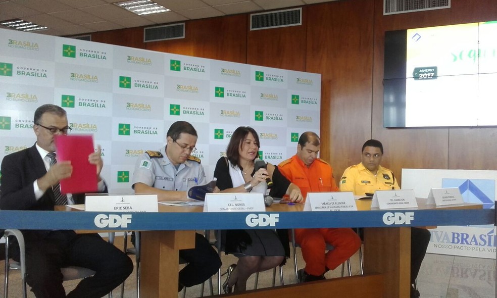 Secretária de Segurança e chefes de corporações em entrevista coletiva (Foto: Graziele Frederico/G1)